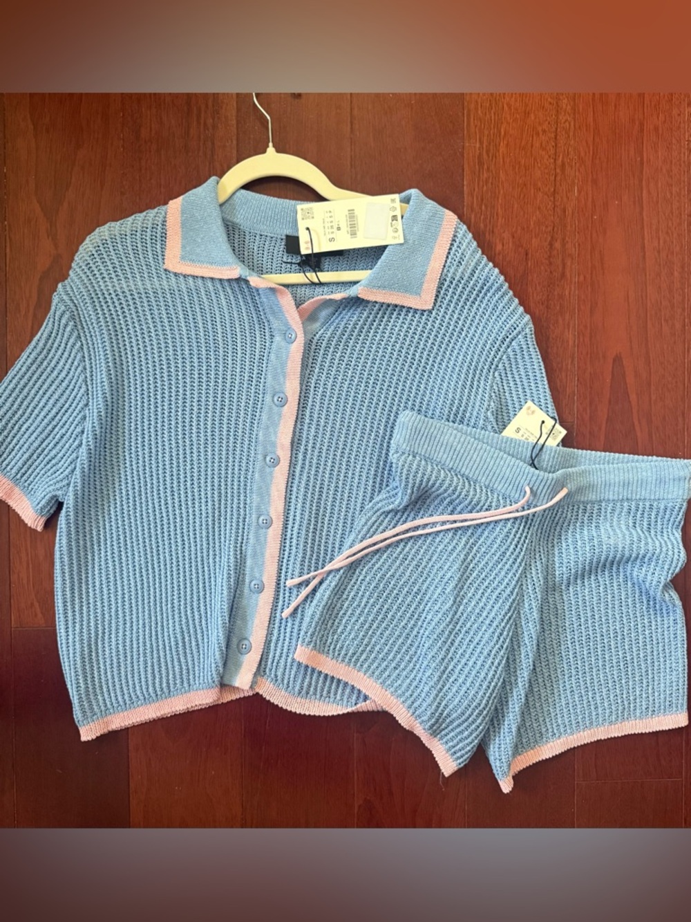 Zara Light Blue Knit Polo & Shorts Set with Pink Trim